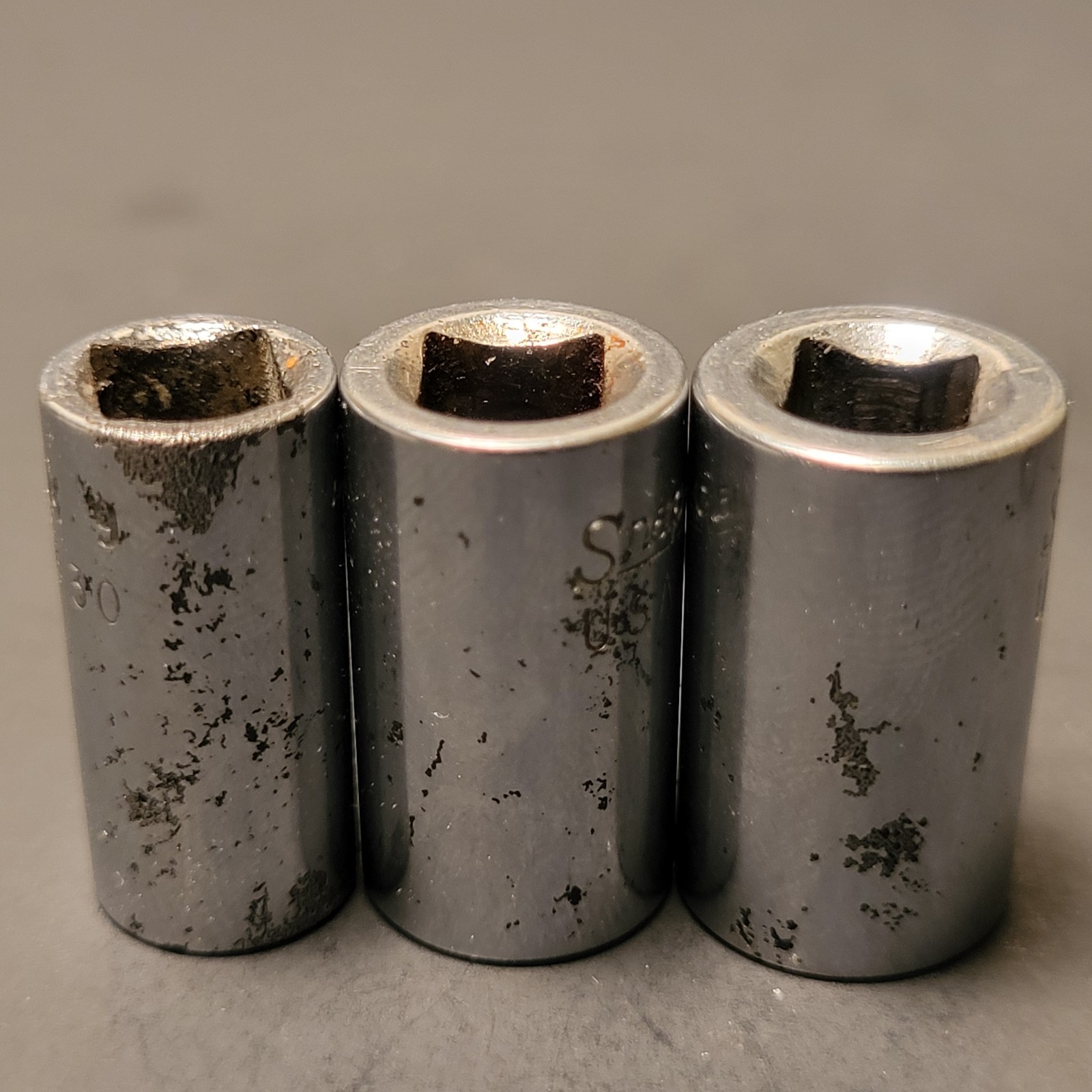 Snap On 5 piece 1/4” drive sockets 6 point 7/16” 14mm 3/8” 11/32” 9/32”