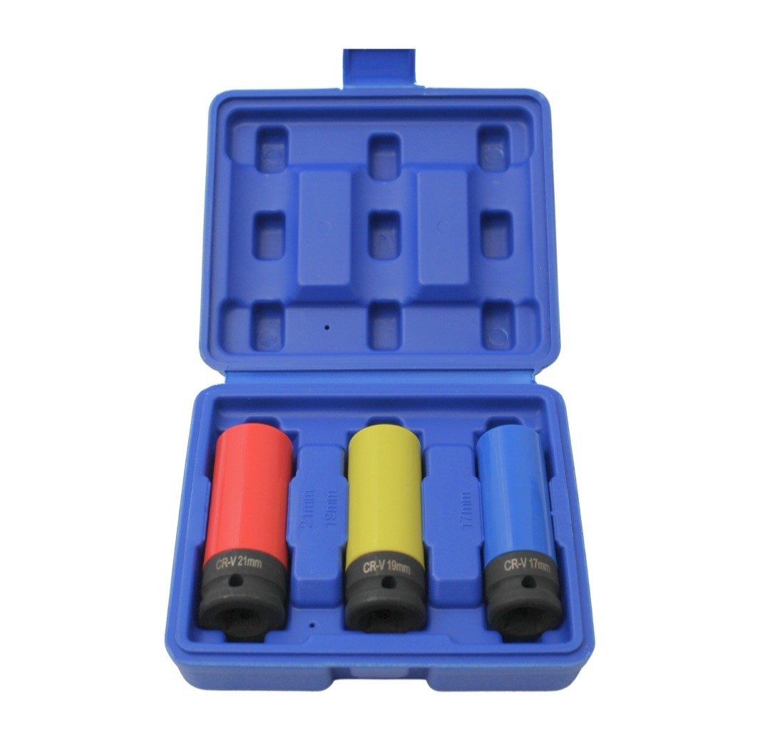 3pc Alloy CR-MO Wheel Impact Socket Set 1/2″ Drive 17mm 19mm 21mm Deep Thin Wall