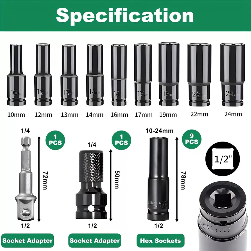 20PCS 1/2»Deep Impact Sockets Set Drive Metric 8mm-32mm Deep 6-Point Set w/case