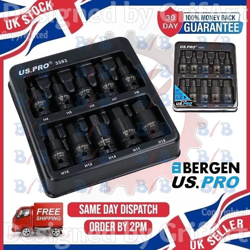 USPRO 10PC 1/2″ DRIVE IMPACT HEX SOCKET BIT SET H4 H5 H6 H7 H8 H10 H12 H14 17 18