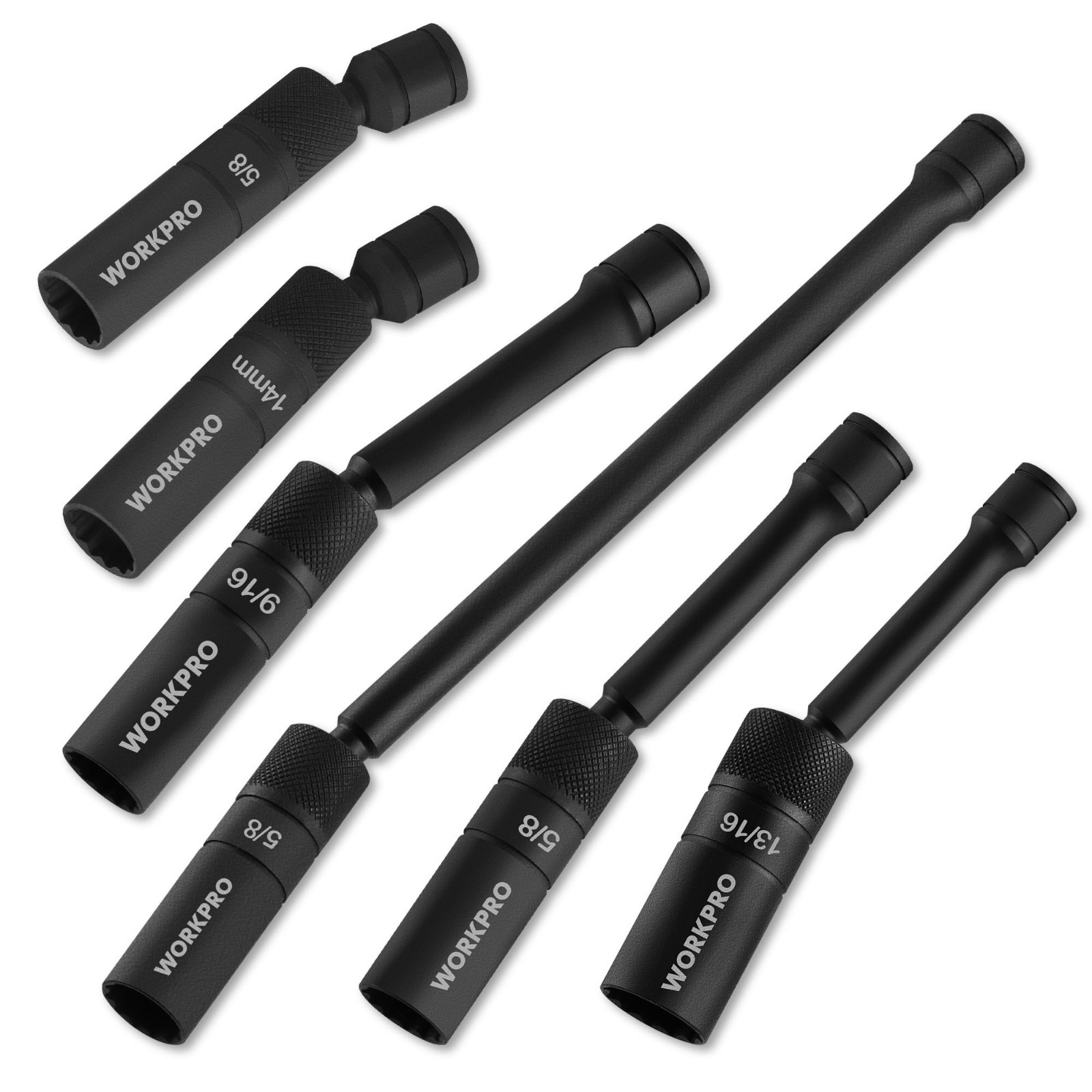 6-Piece Magnetic Spark Plug Socket Set, 3/8″ Drive, 12-Point, 9/16″-14mm, Extens