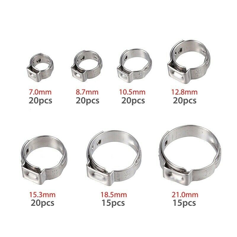 US 130Pcs Assorted Stainless Steel Hose Clamps Ear Cinch Rings Crimp Pinch/Plier