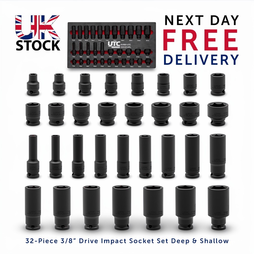 Socket Set Impact 3/8 Drive 32 Piece Deep Shallow 7-22mm EVA Foam Tray UK