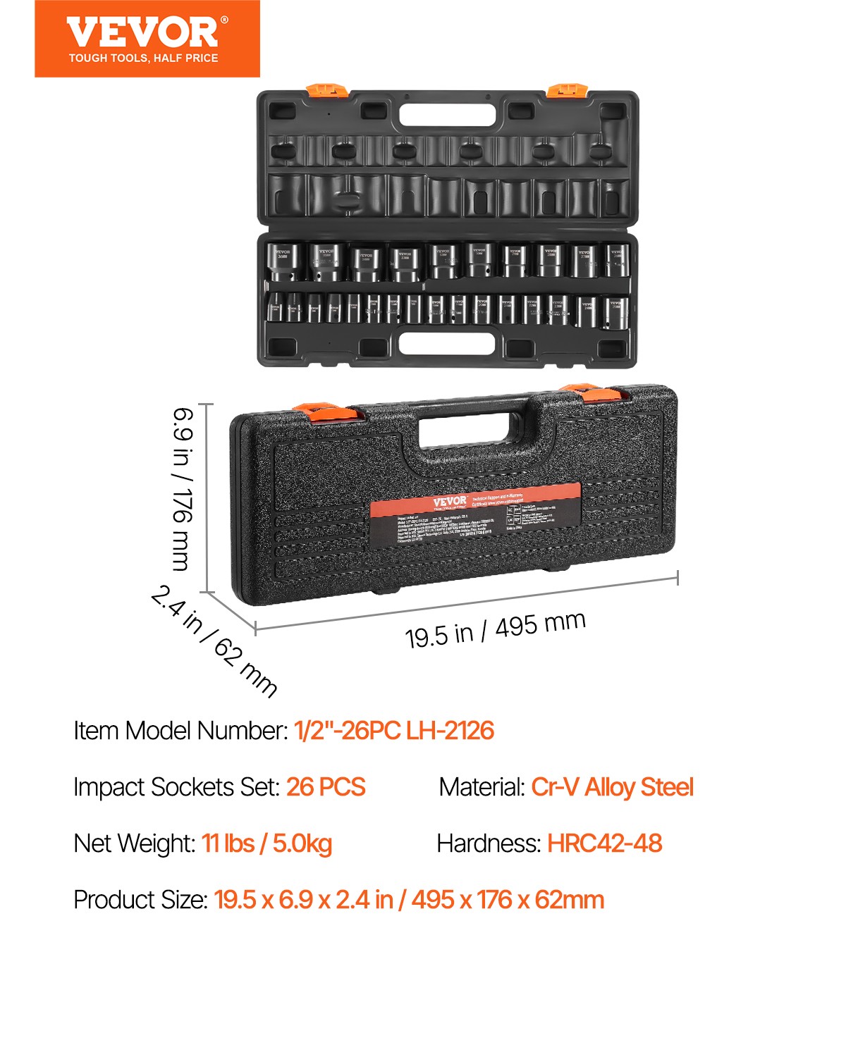 VEVOR Impact Sockets Set 1/2 Inch Drive 26PCS Standard Length Impact Set 6-Point