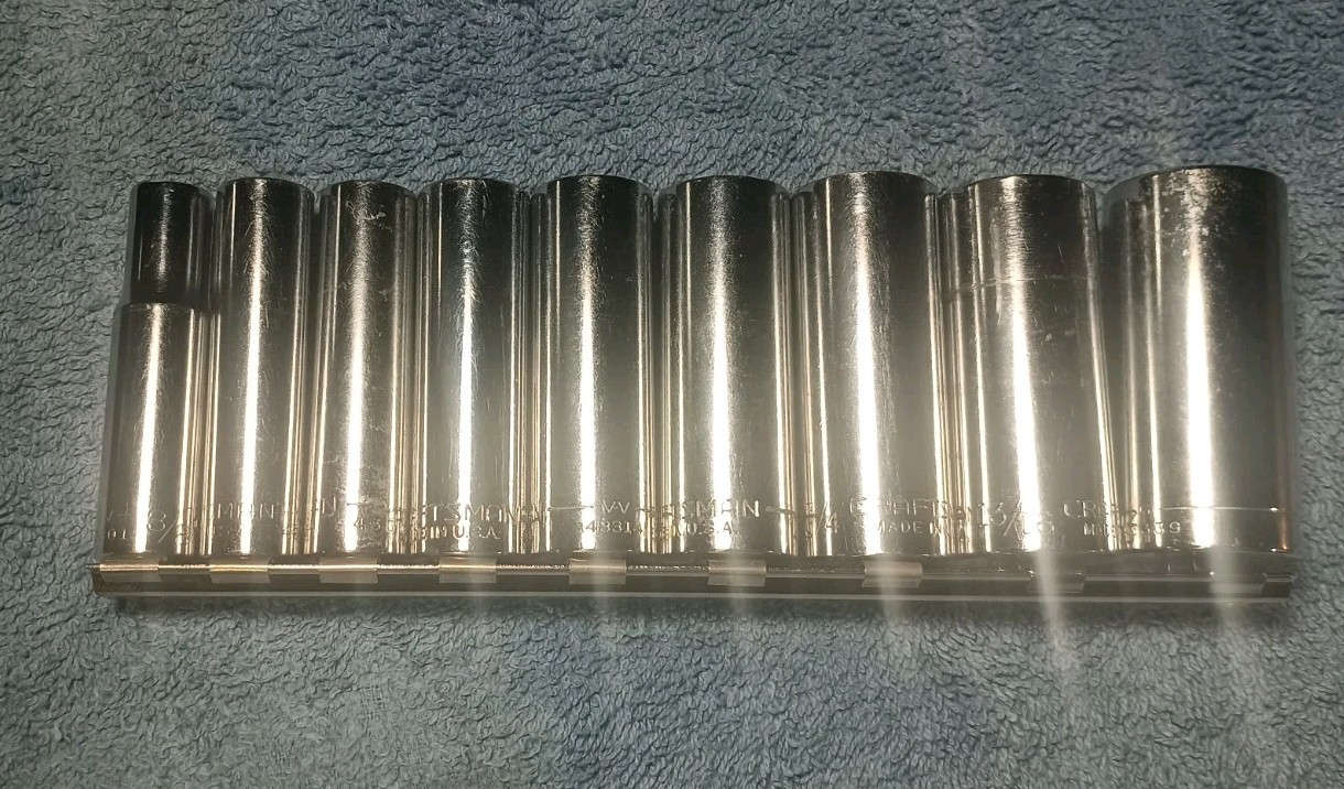 Craftsman 9 PC Socket Set. SAE Deep Chrome 3/8-7/8″. 7 12 Pt, 2 6pt (13/16 7/8).