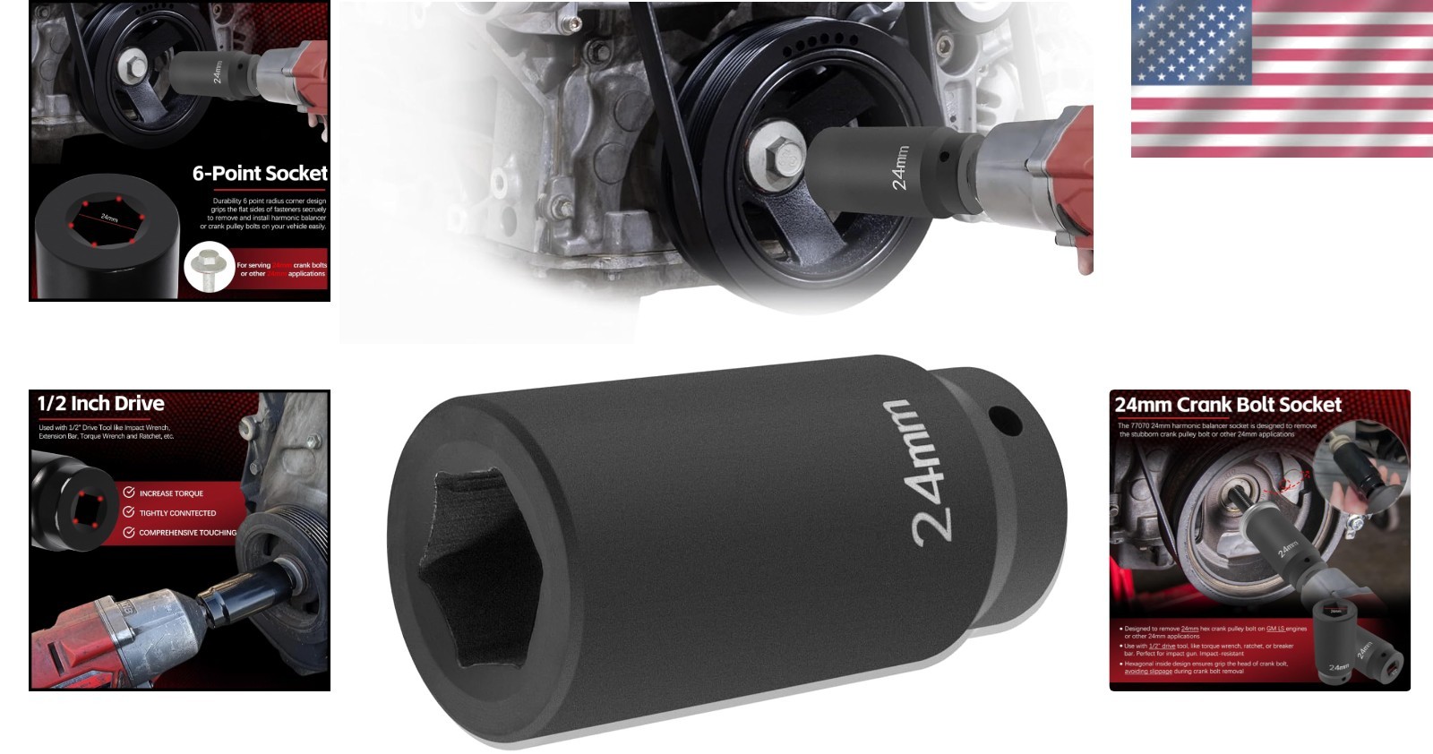 77070 24mm Crank Bolt Socket – Impact Tool for GM LS Engines, Heat-Treated Steel