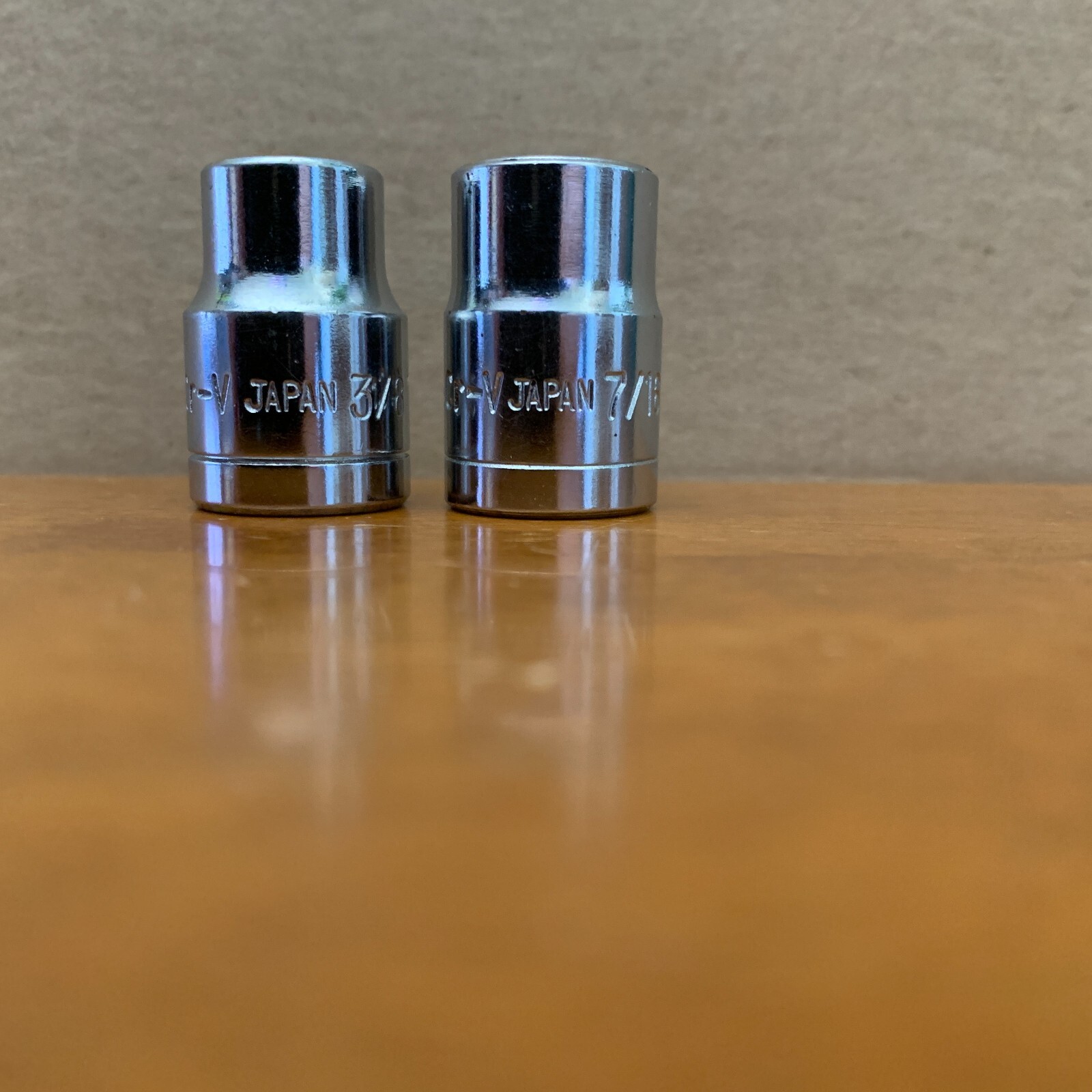 Lot, 2 TRUECRAFT Japan shallow SOCKETS (3/8, 7/16) 6 pt, 3/8 drv True Craft Cr-V
