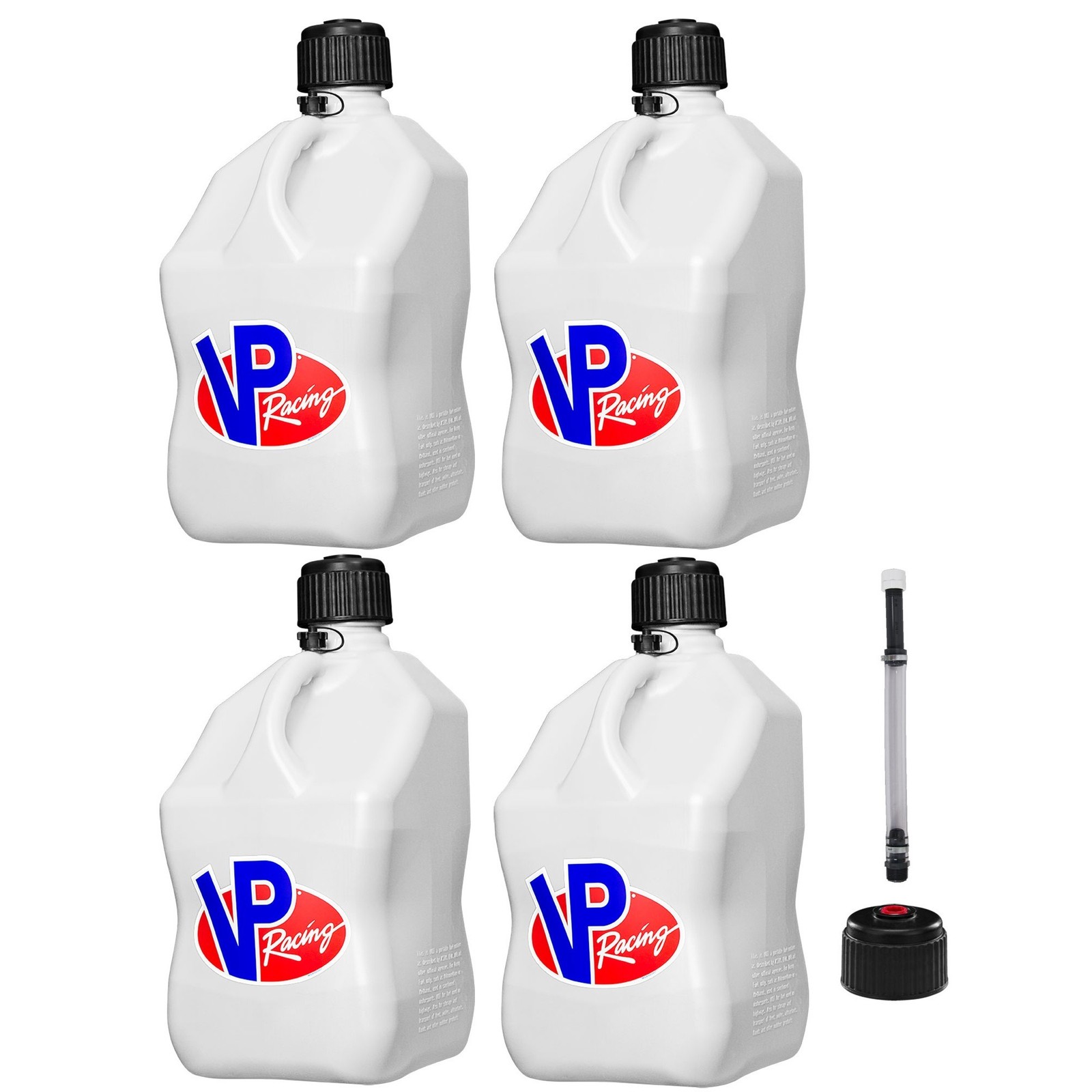 VP Racing Square Fuel Jug 5 Gallon White x 4 – With Spare Cap and Filler Hose