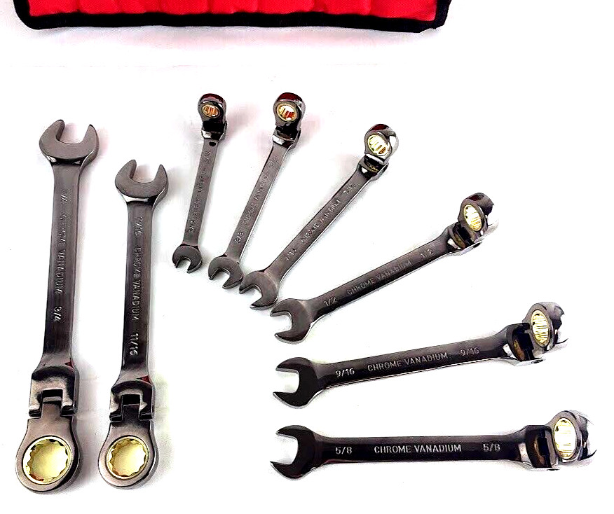 8PC FLEX HEAD RATCHET COMBINATION WRENCH CR-V NI-PLATED 5/16″- 3/4″ SPANNER SET