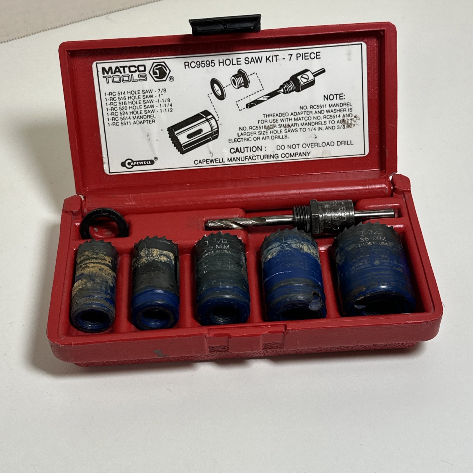 Matco Tools RC 9595 7 Pc Hole Saw Kit 7/8 to 1-1/2 Drill Bit Set USA Made