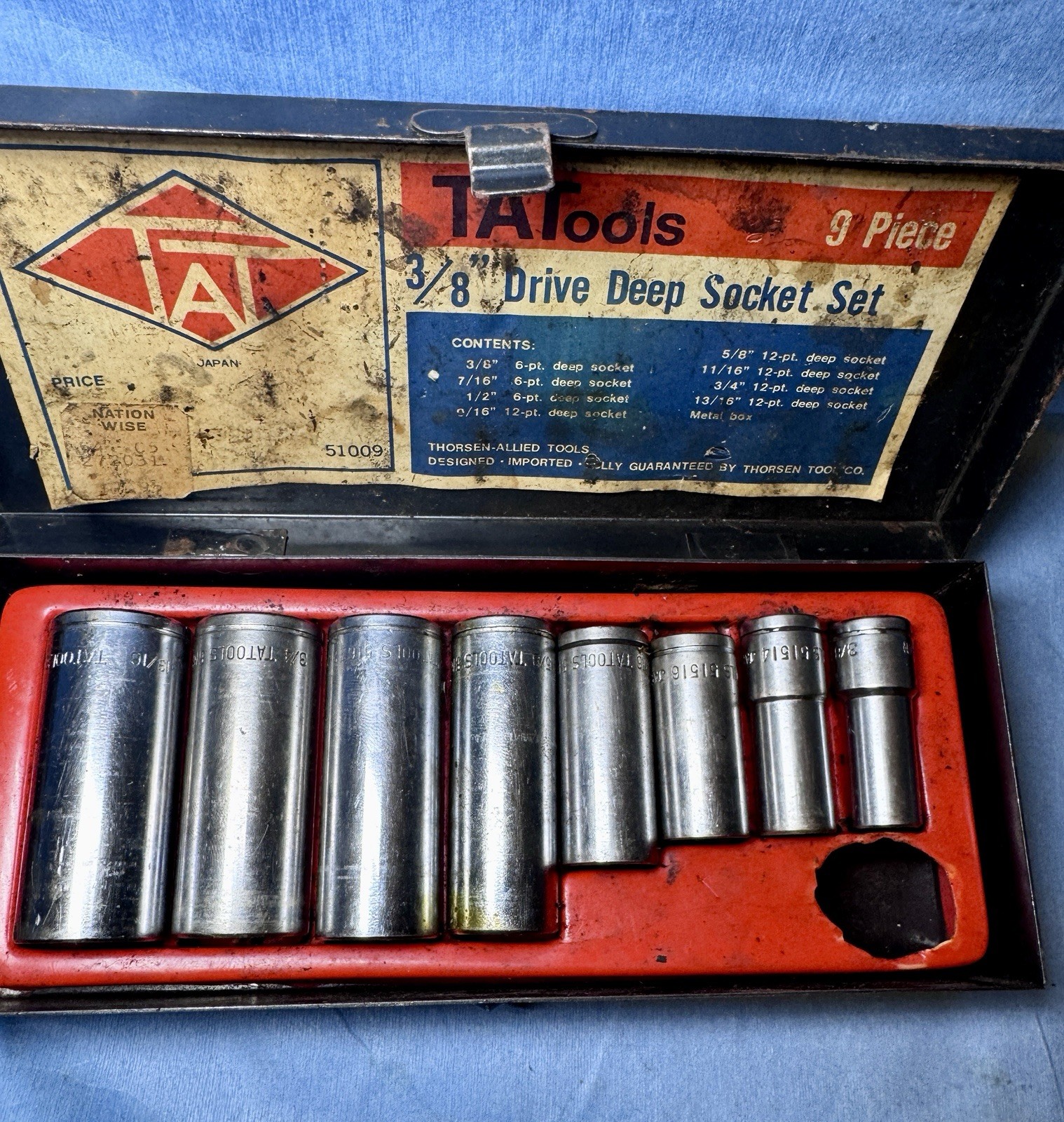 Vintage Tatools (Thorsen Tool) 3/8″ Drive 9 Pc Deep Socket Set + Case Japan
