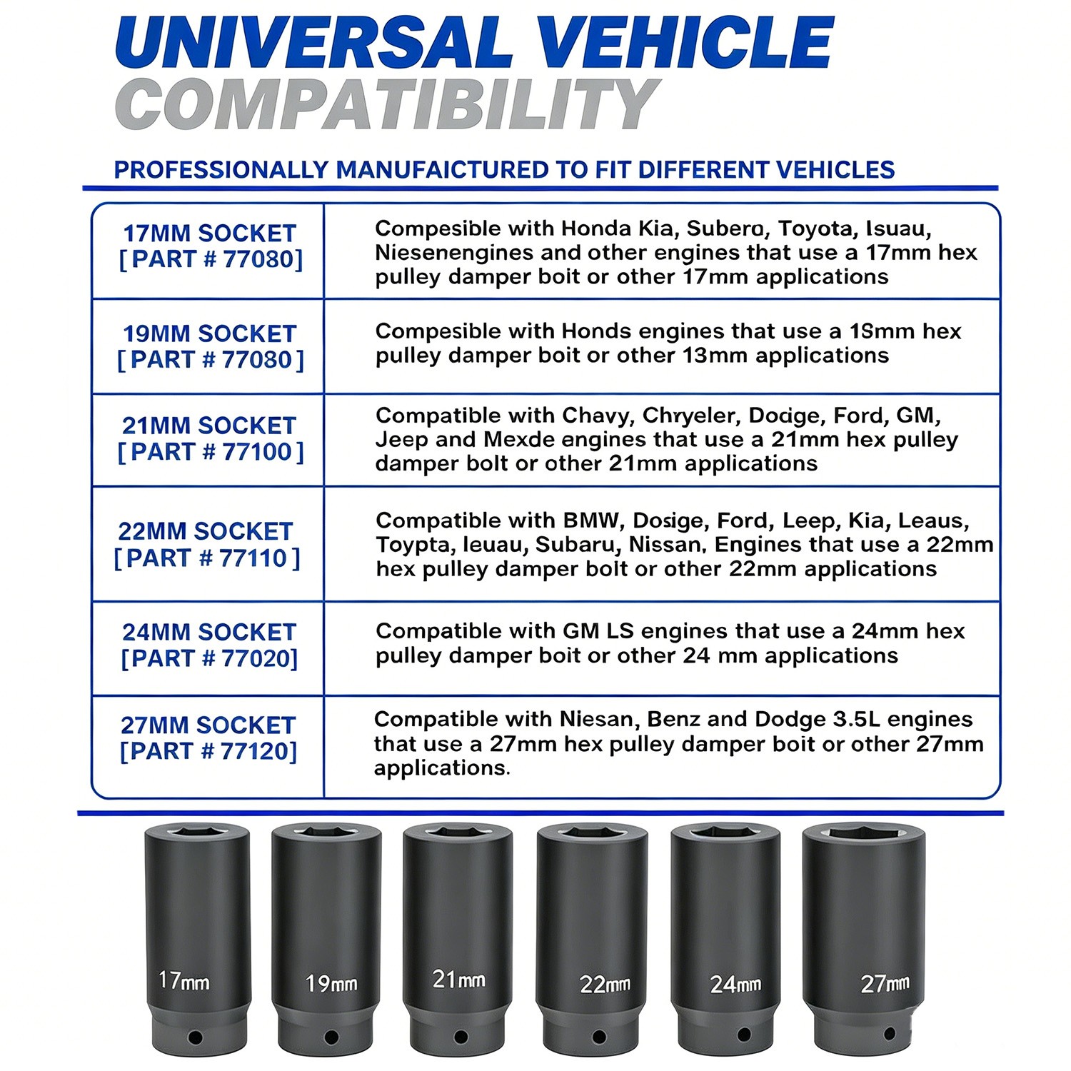 6 Pack 1/2 Drive Deep Impact Socket Set Crank Bolt 17mm 19mm 21mm 22mm 24mm 27mm