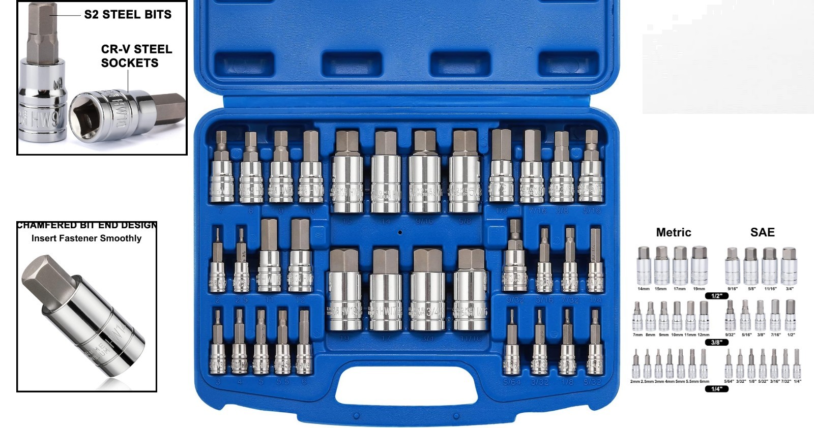 Comprehensive 33-Piece Hex Socket Set with SAE & Metric Bits – Chrome Finish