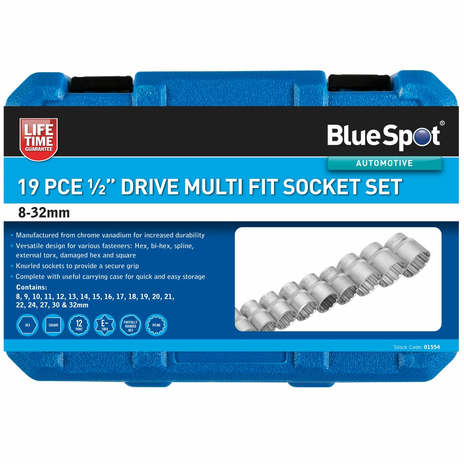 19pc Gear Lock Multi Socket Set 8-32mm 1/2″ Dr Double Hex T Star AF MM 01554