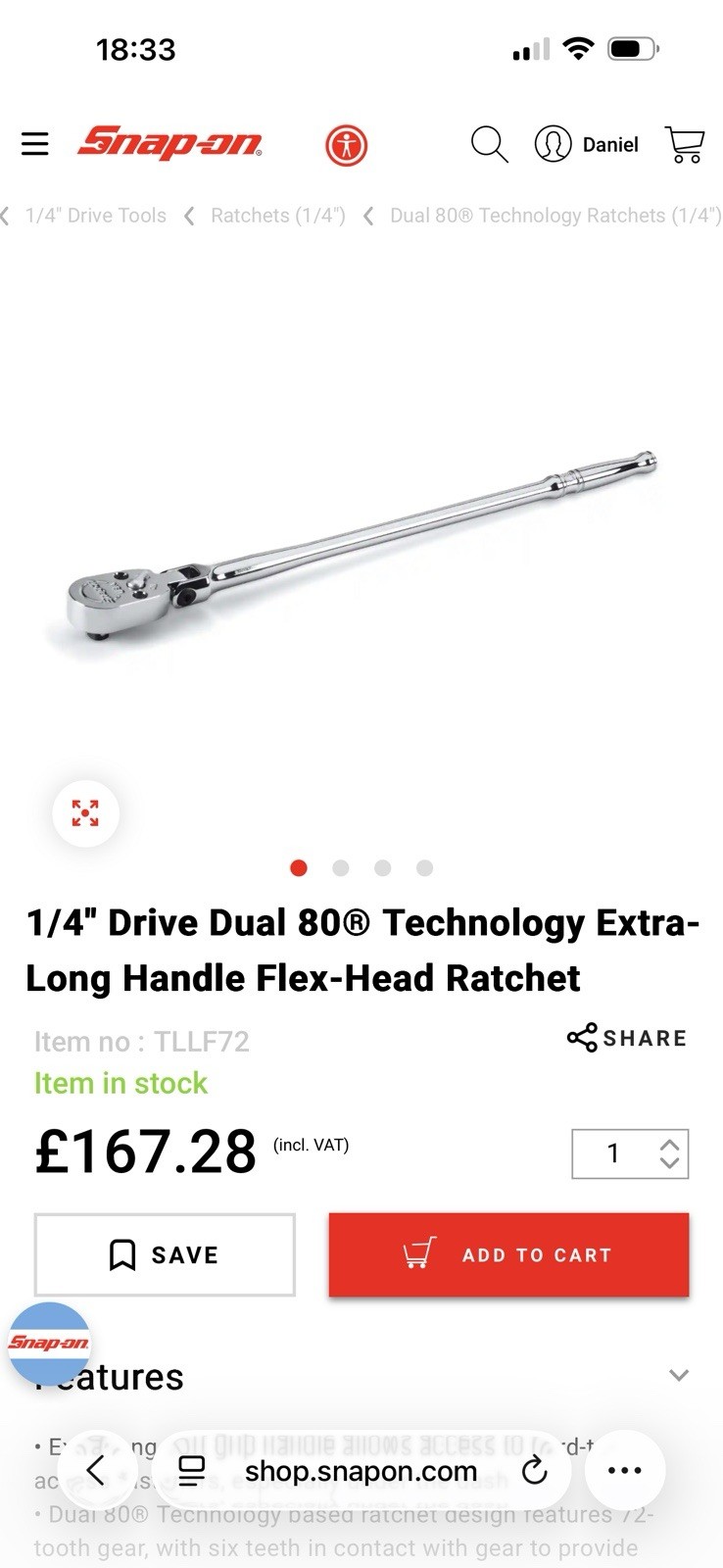 Snap On 1/4 Drive Dual 80 Technology Extra-Long Handle Flex-Head Ratchet TLLF72.