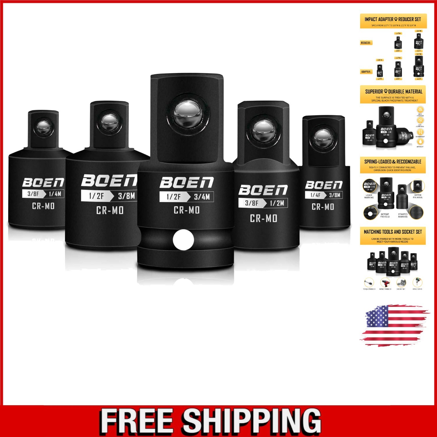 Professional 5-Piece Socket Adapter Set with Black Manganese Phosphate Coating