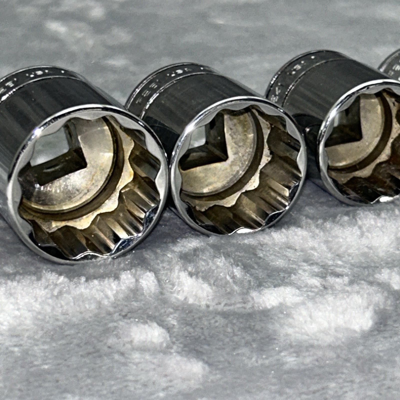 Snap On Tools 9pc Chrome 12pt. SAE Sockets 3/8″ Dr. F1 And F2 7/8-5/16 READ USA