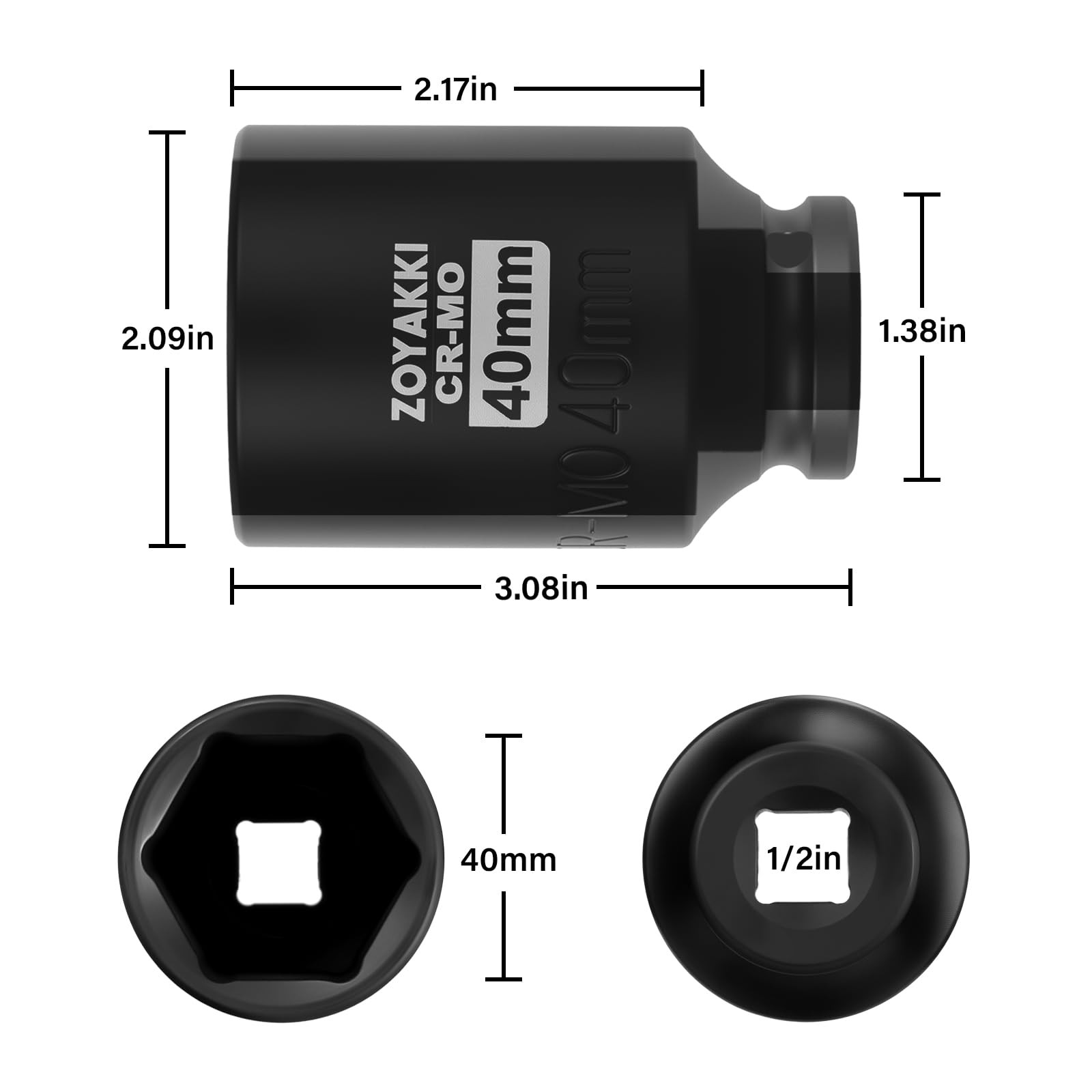 1/2″ Drive x 40 mm Deep 6 PT Impact Socket, CRMO, 1/2inch Drive 6 Point Axle …