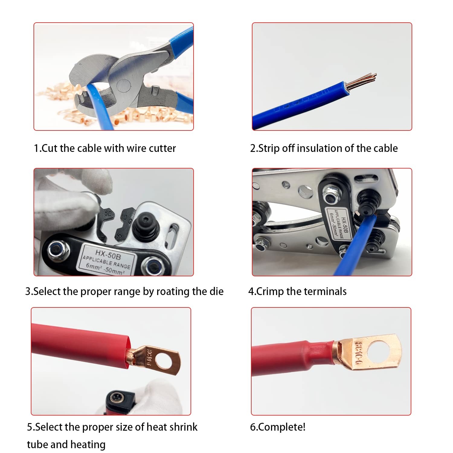 Cable Lug Crimping Tool with 50/100/200Pcs Copper Wire Lugs, Battery Blue