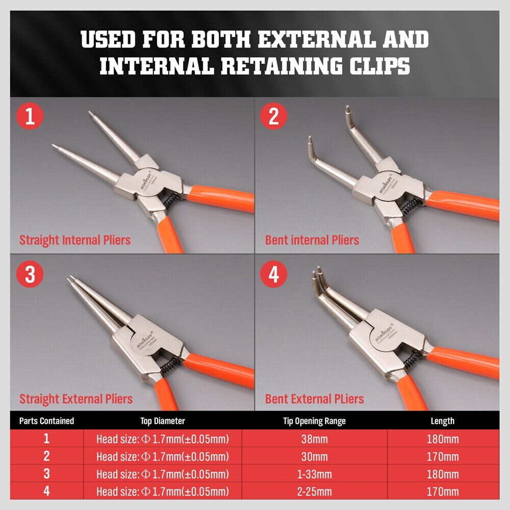 4-piece Snap Ring Pliers Set 7-inch Internal/External Circlip Plier Heavy Duty