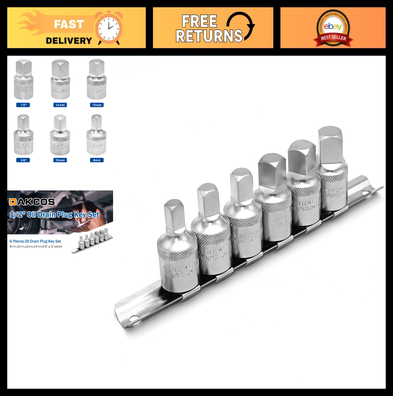 Oil Drain Plug Key Set – 6 Pcs Metric Socket Set 8mm/10mm/12mm/14mm, 1/2″ Drive