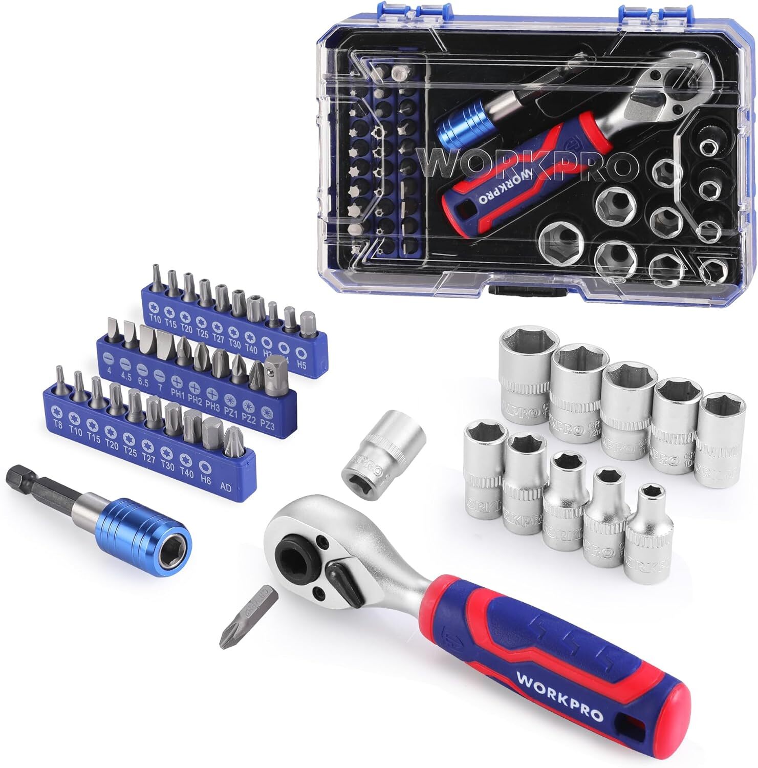 WORKPRO 42 PCS 1/4″ Dr. Master Socket Set Metric with Dual Blue, Red, Silver