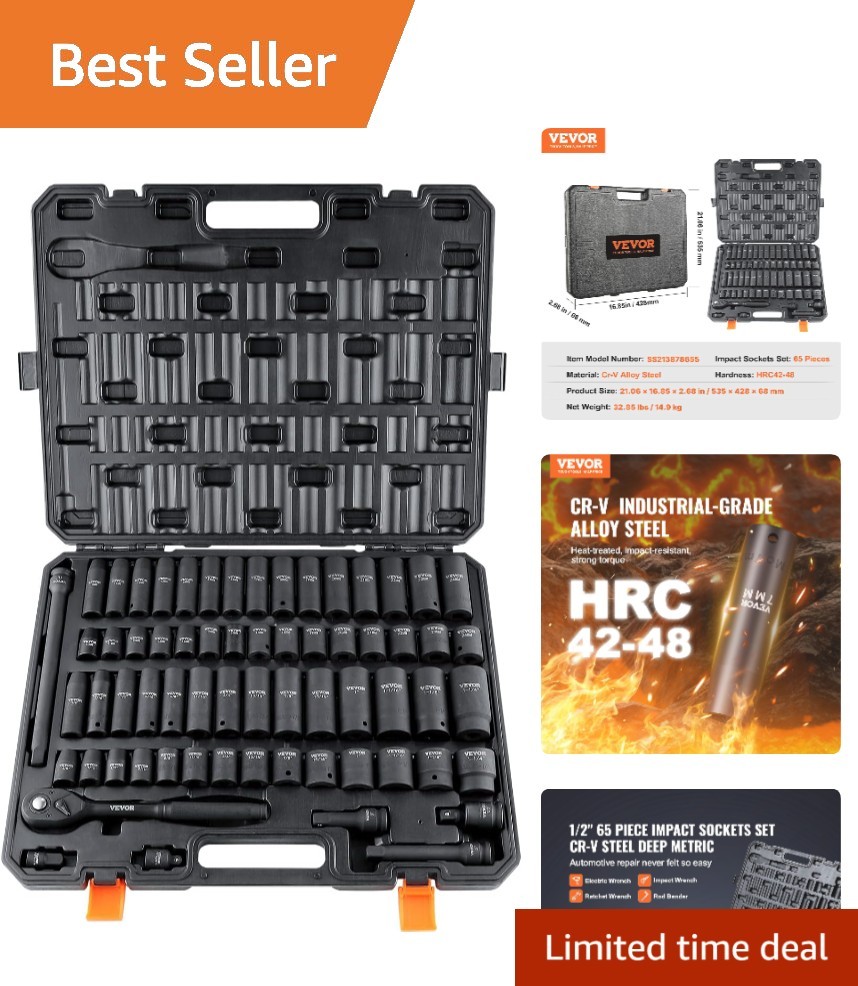Durable 65-Piece Cr-V Impact Socket Set for Auto Repair, Great Size Range