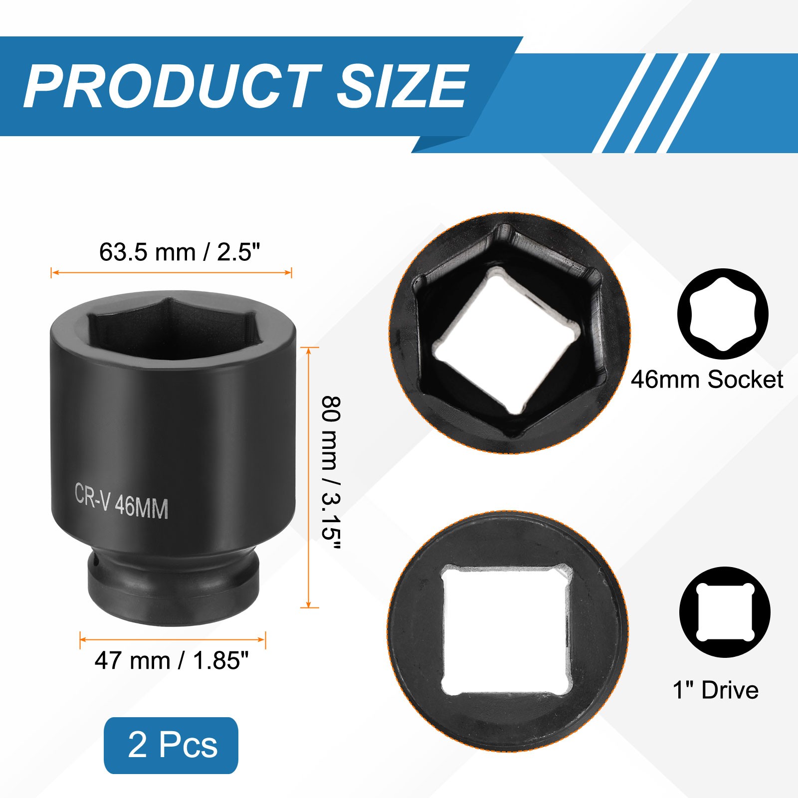 2pcs 1 Inch Drive 46mm 6 Point Impact Socket Chromium Vanadium Steel