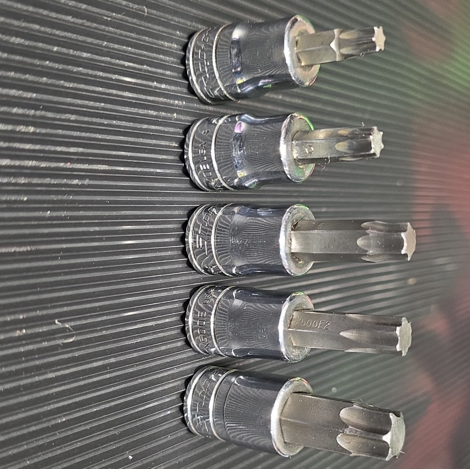 Snap On 5 Piece 3/8 Drive Torx Socket Set. Excellent Condition. Sizes Listed