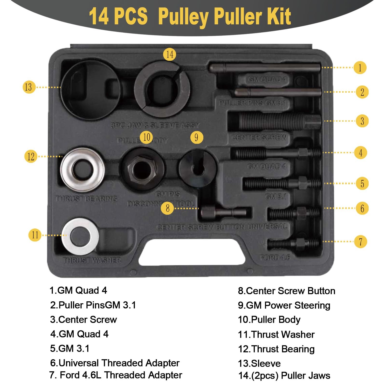 14 PCS Power Steering Alternator Pulley Tool Kit Auto Repair Storage Case