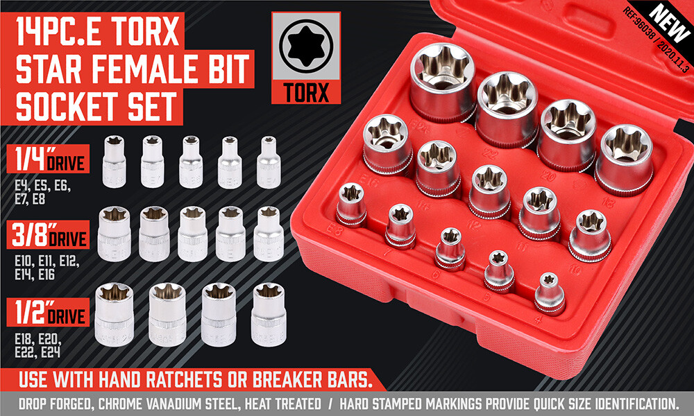 14 Pcs E Torx Star Female Bit Socket Set 1/2″ 3/8″ 1/4″ Drive E4 -E24 with Case