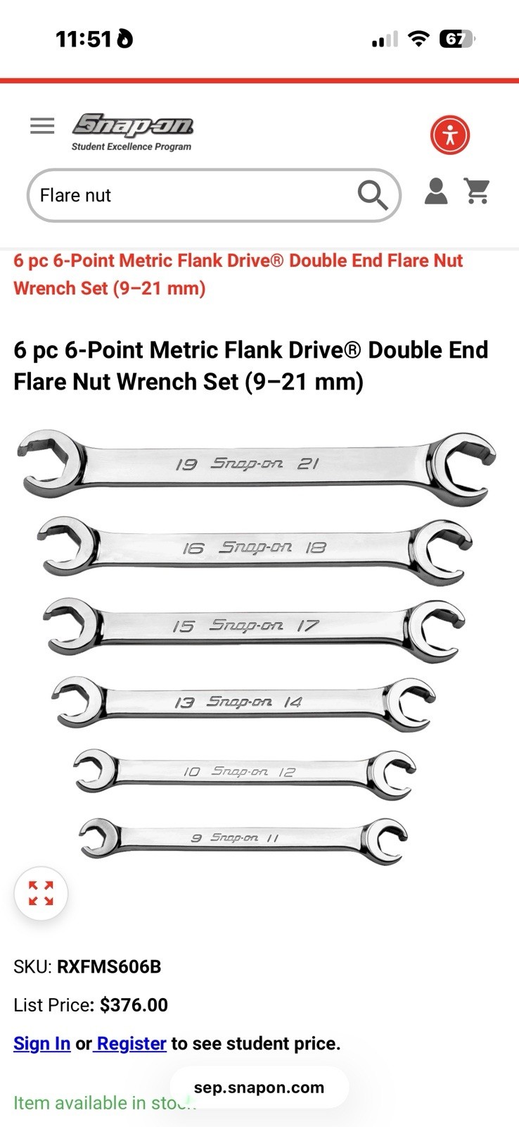 Snap-On 6 pc 6-Point Metric Flank Drive® Double End Flare Nut Wrench Set 9-21 mm