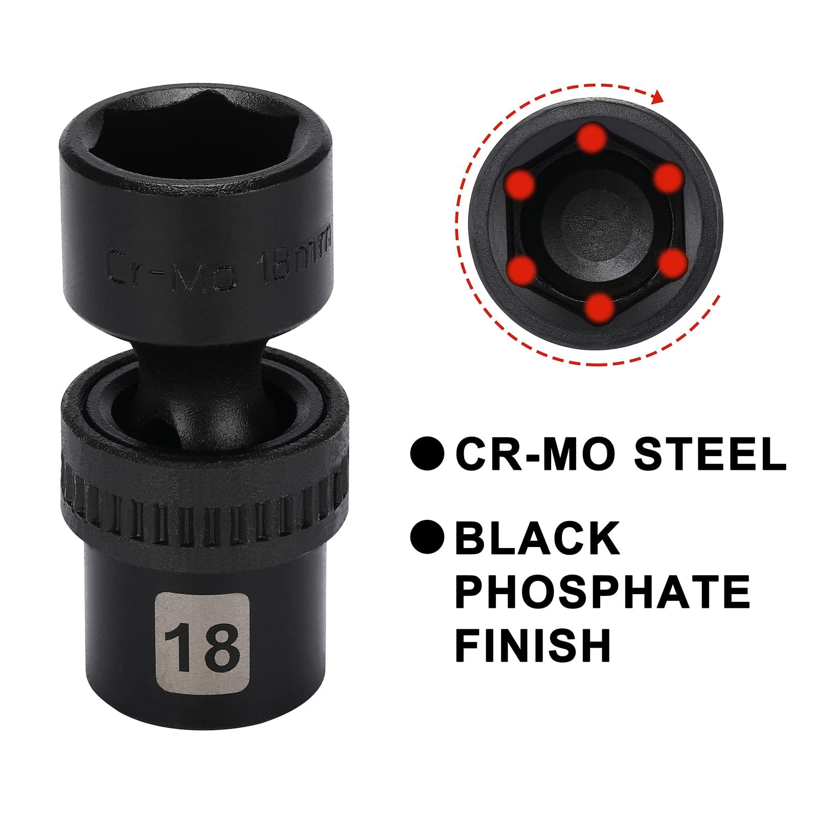 15PC 3/8″ Drive Metric Impact Socket Set, 6 Point Swivel Wobble Sockets 8-22mm