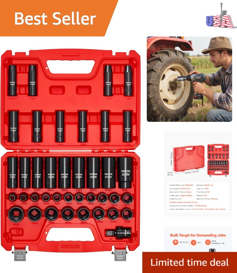 Durable 39-Piece Impact Socket Set in Carry Case: 1/2″ Drive, Metric 9-30 mm