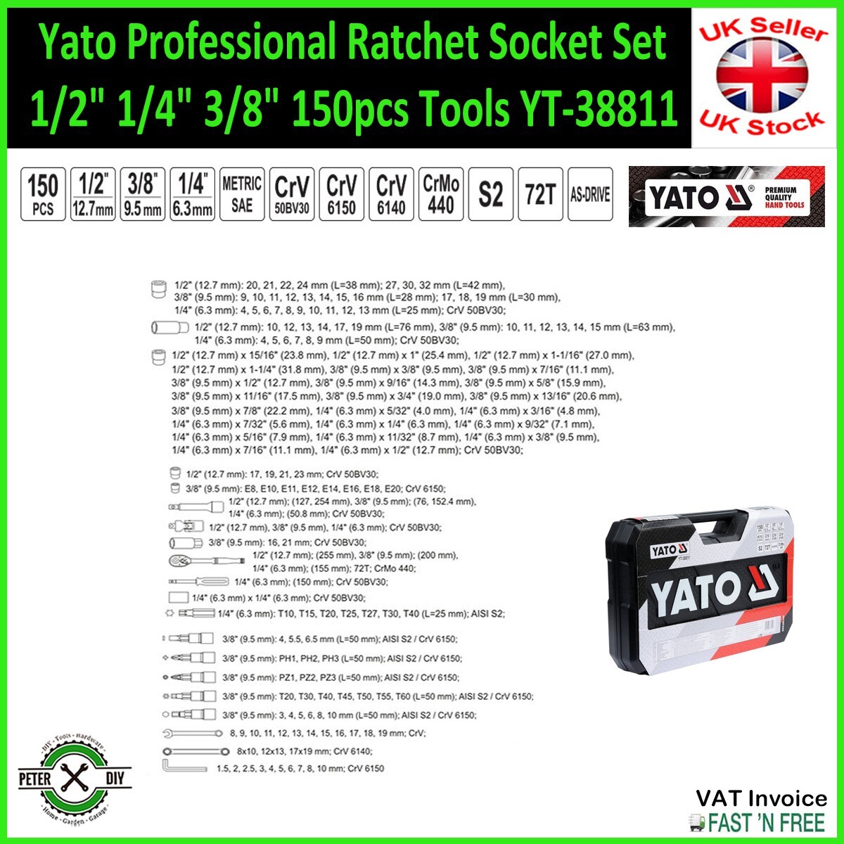 SOCKET SET RATCHET Yato Professional Tools 1/2″ 1/4″ 3/8″ 150pcs Tools YT-38811
