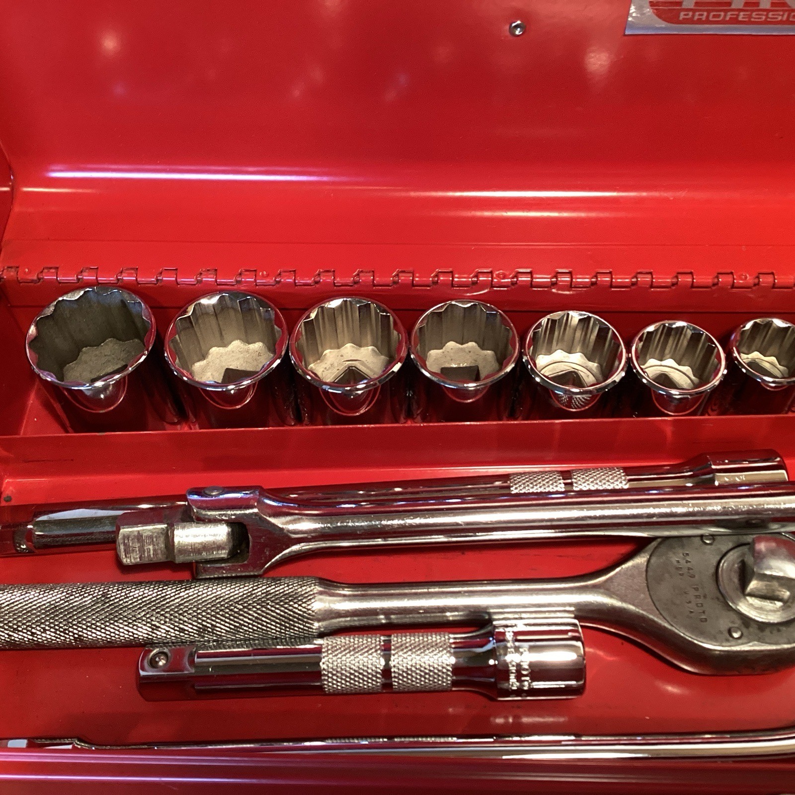 18-pc. PROTO TOOLS 1/2” DRIVE PROFESSIONAL SAE SOCKET SET, 12-POINT, METAL CASE