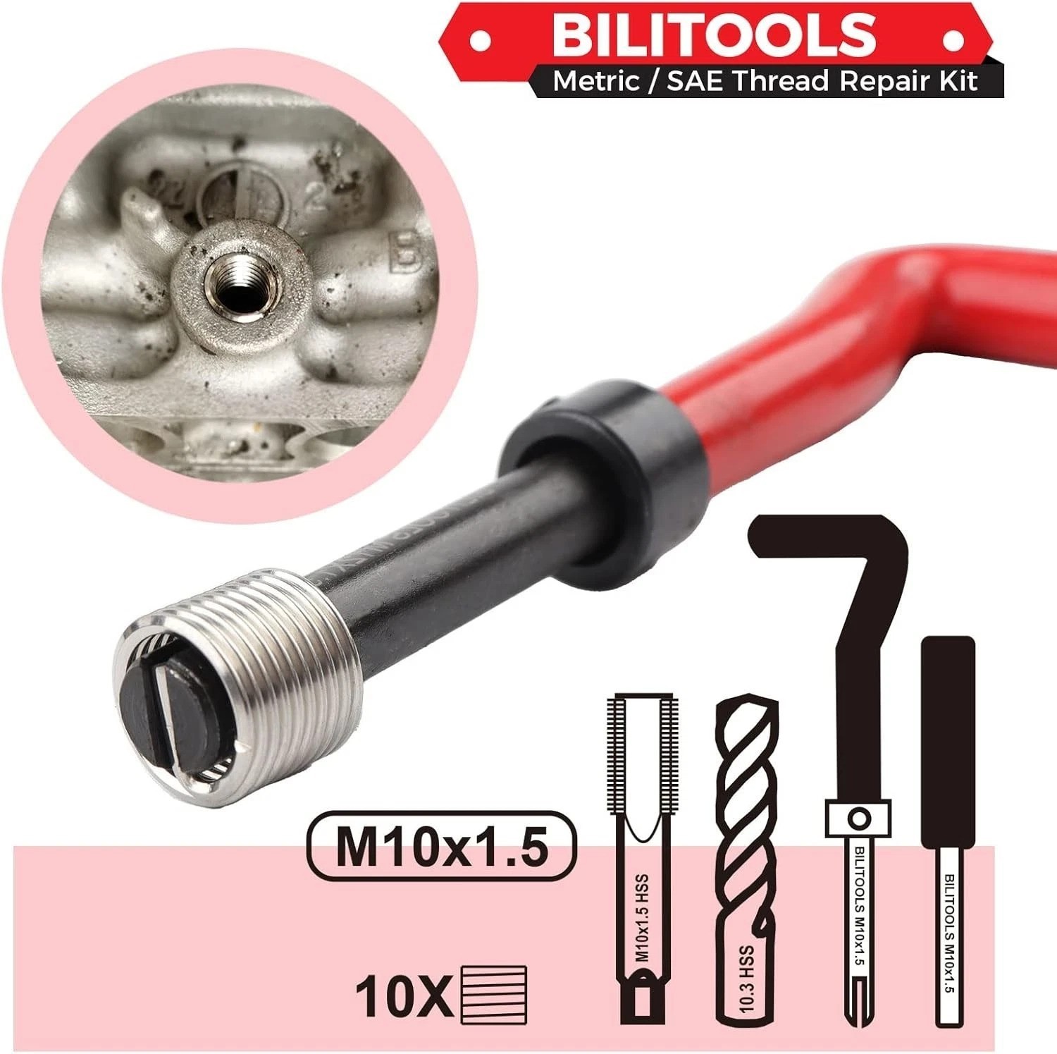 Efficient M10x1.5 Thread Repair Set – HSS Drill, Inserts & Tools Organized Case