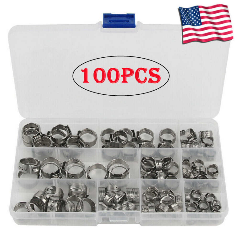100/130X Hose Clamp Assorted Stainless Steel Ear Cinch Rings Crimp Pipe Clip Set