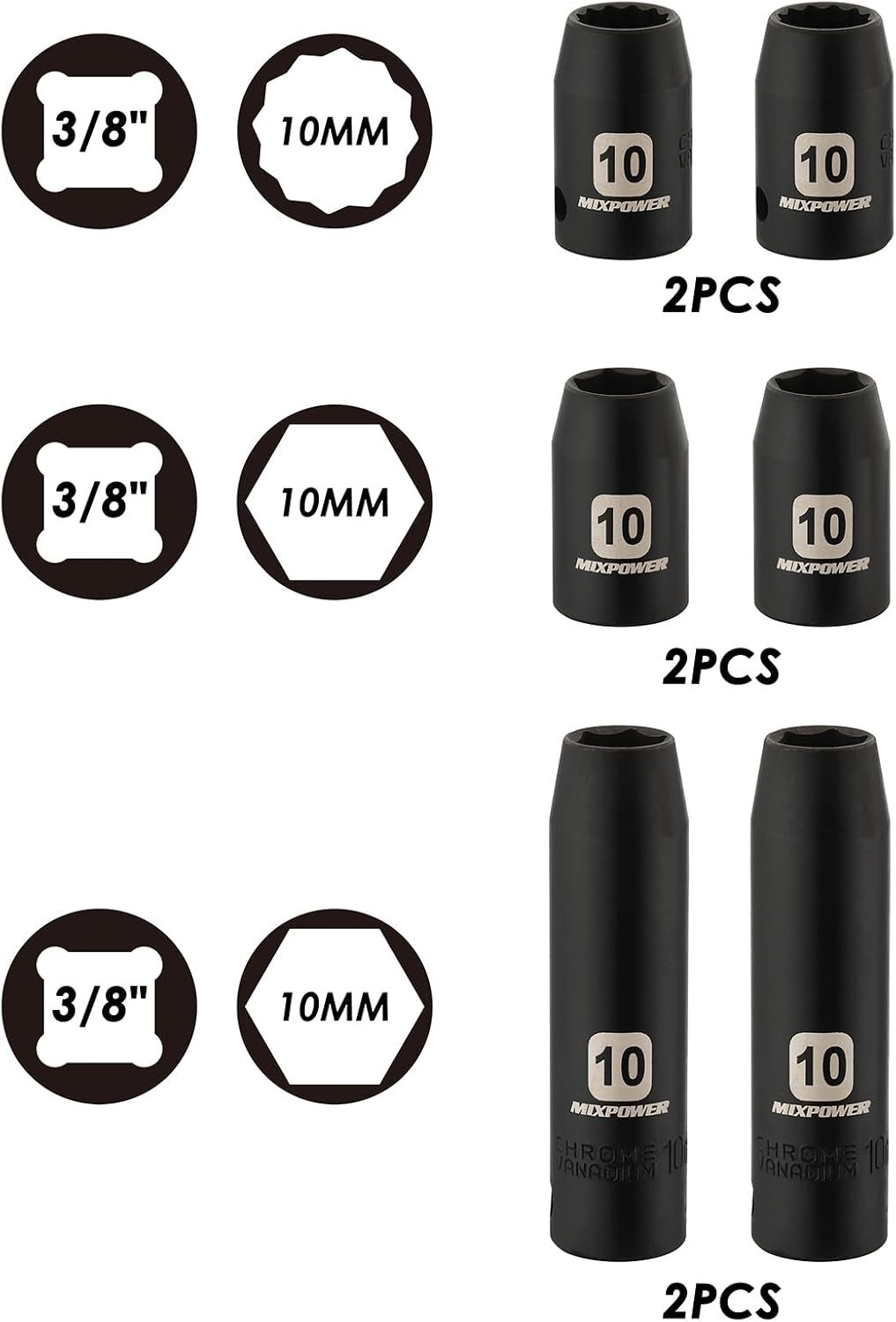 10mm Deep Shallow Socket 6PCS 3/8″ Drive 6 Point 12 Point CR-V