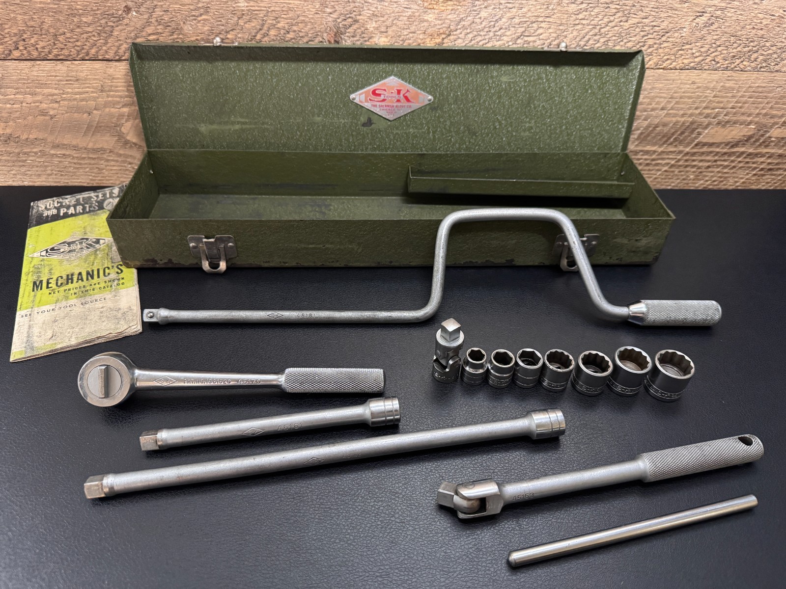 S-K Tools 3/8 Drive Socket Wrench Set 4517 14pc Metal Case & Catalog c 1940s USA