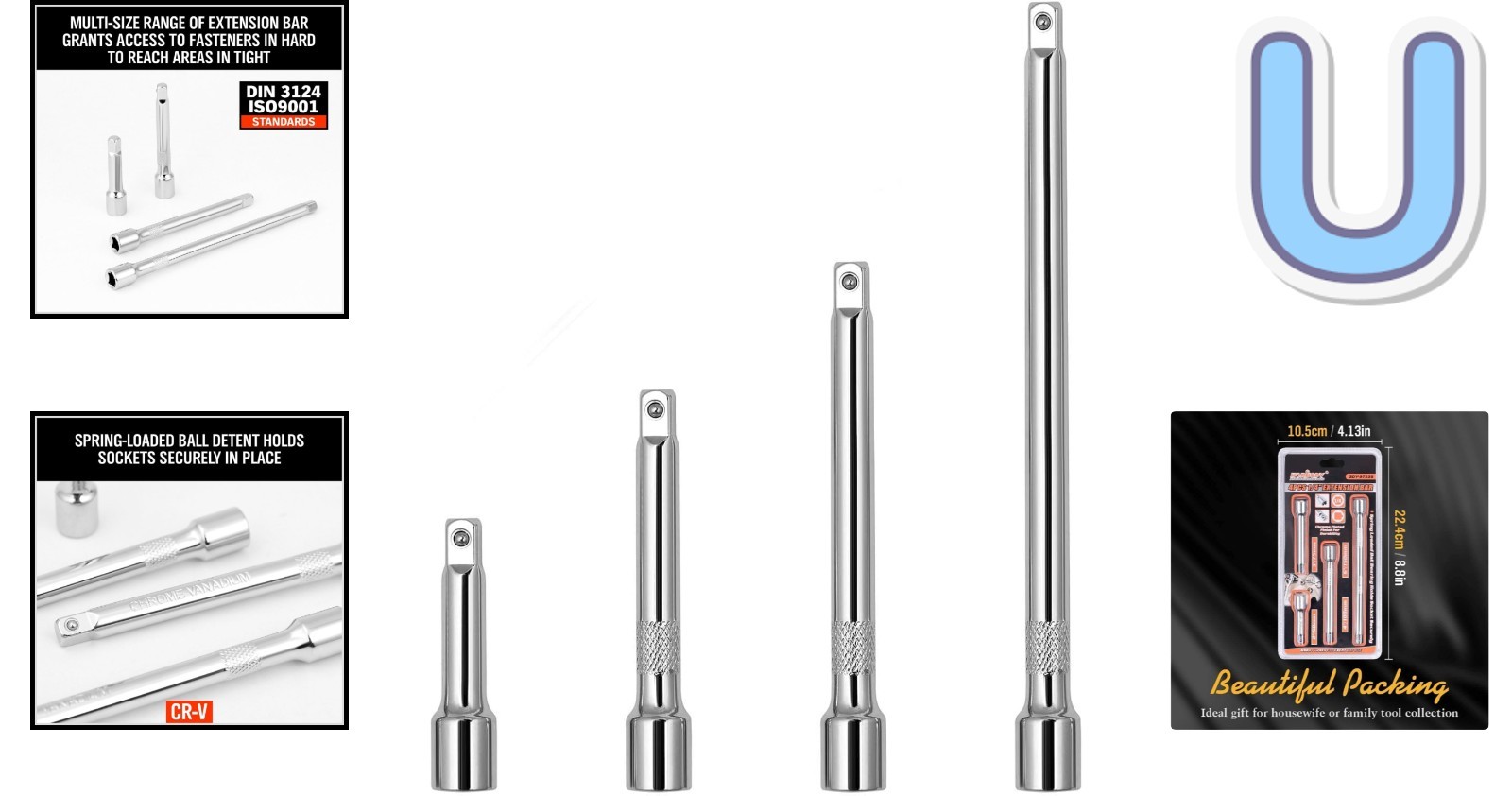 4-Piece 1/4″ Socket Extension Set – Durable Chrome Vanadium Steel