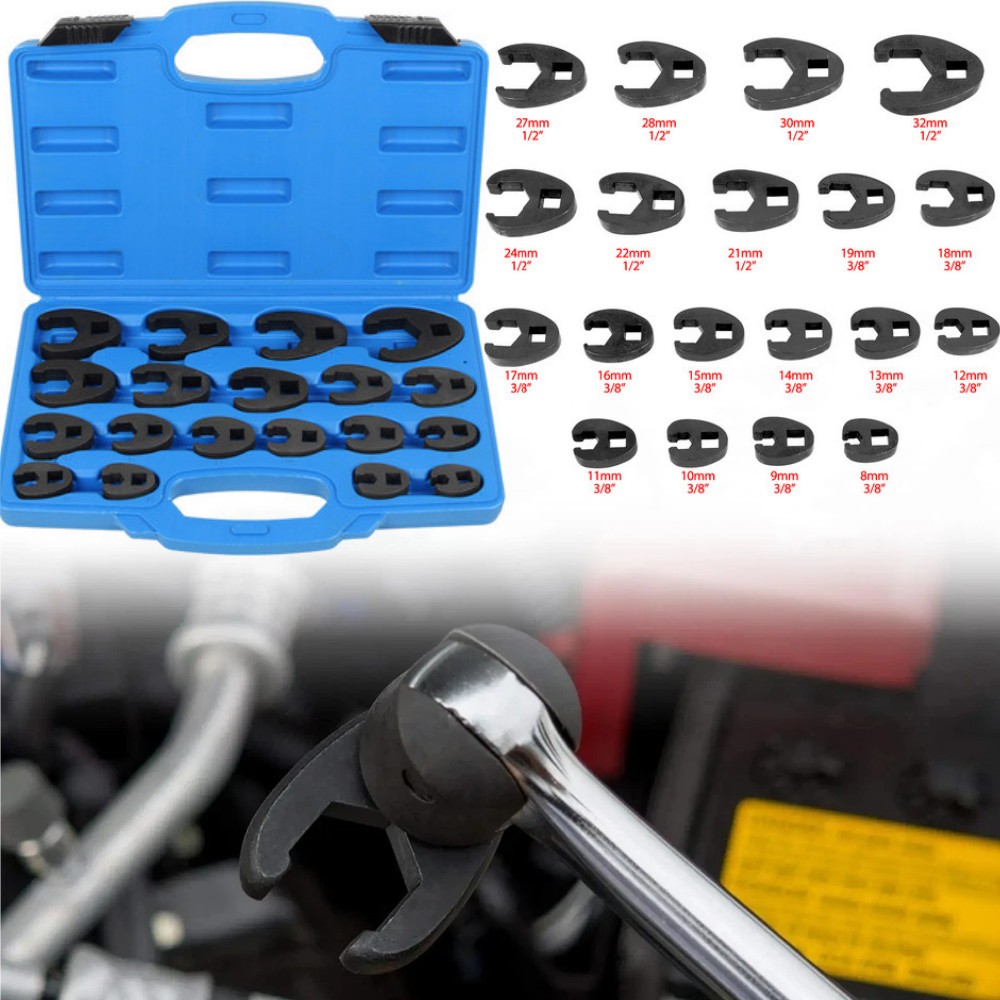19PCS Flare Nut Crowfoot Wrench Set Metric Crows Foot Wrench Kit 3/8″ 1/2″ Drive