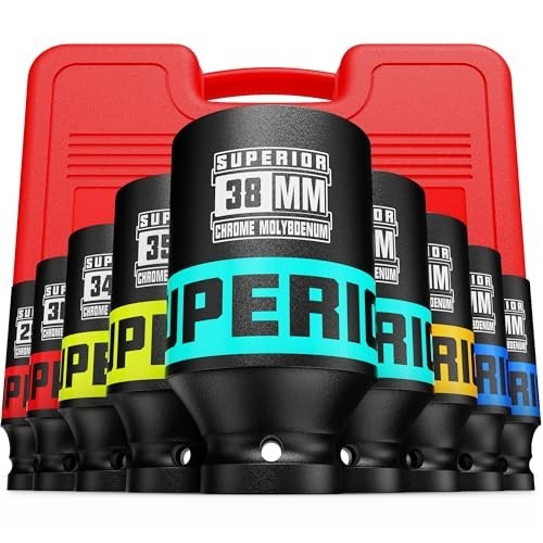 9-Piece 1/2″ Drive Impact Socket Set, 29mm-38mm Axle Nut, Metric CR-MO, 6-Point,
