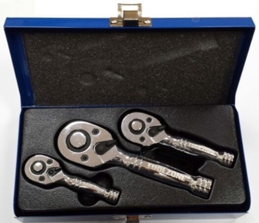 3 Piece Short Chrome Stubby Ratchet Handle Wrench Set 1/4″ 3/8″ 1/2″ Drives