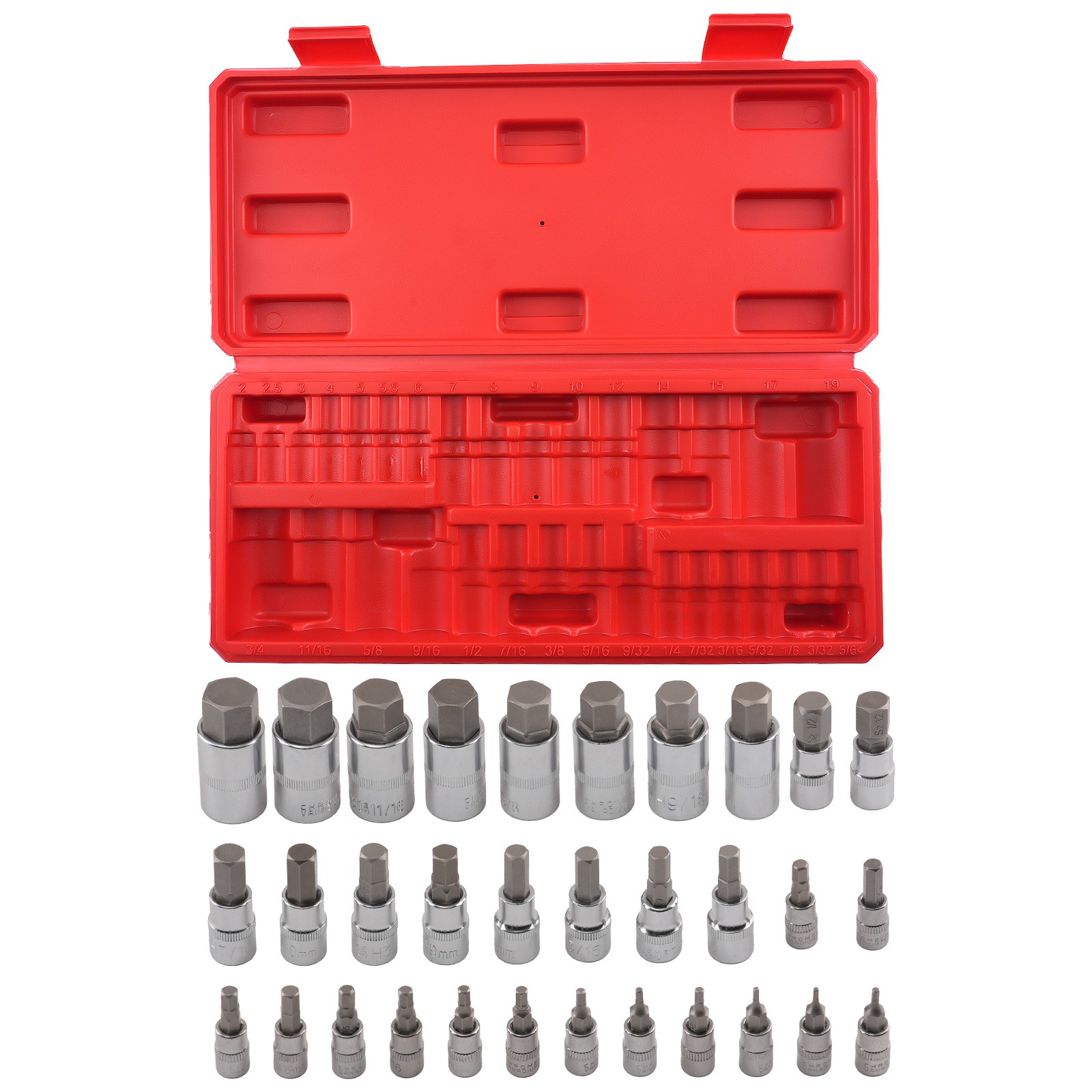 32pc Metric Imperial Hex Bit Socket Set 1/4 3/8 1/2 Drive S2 Steel
