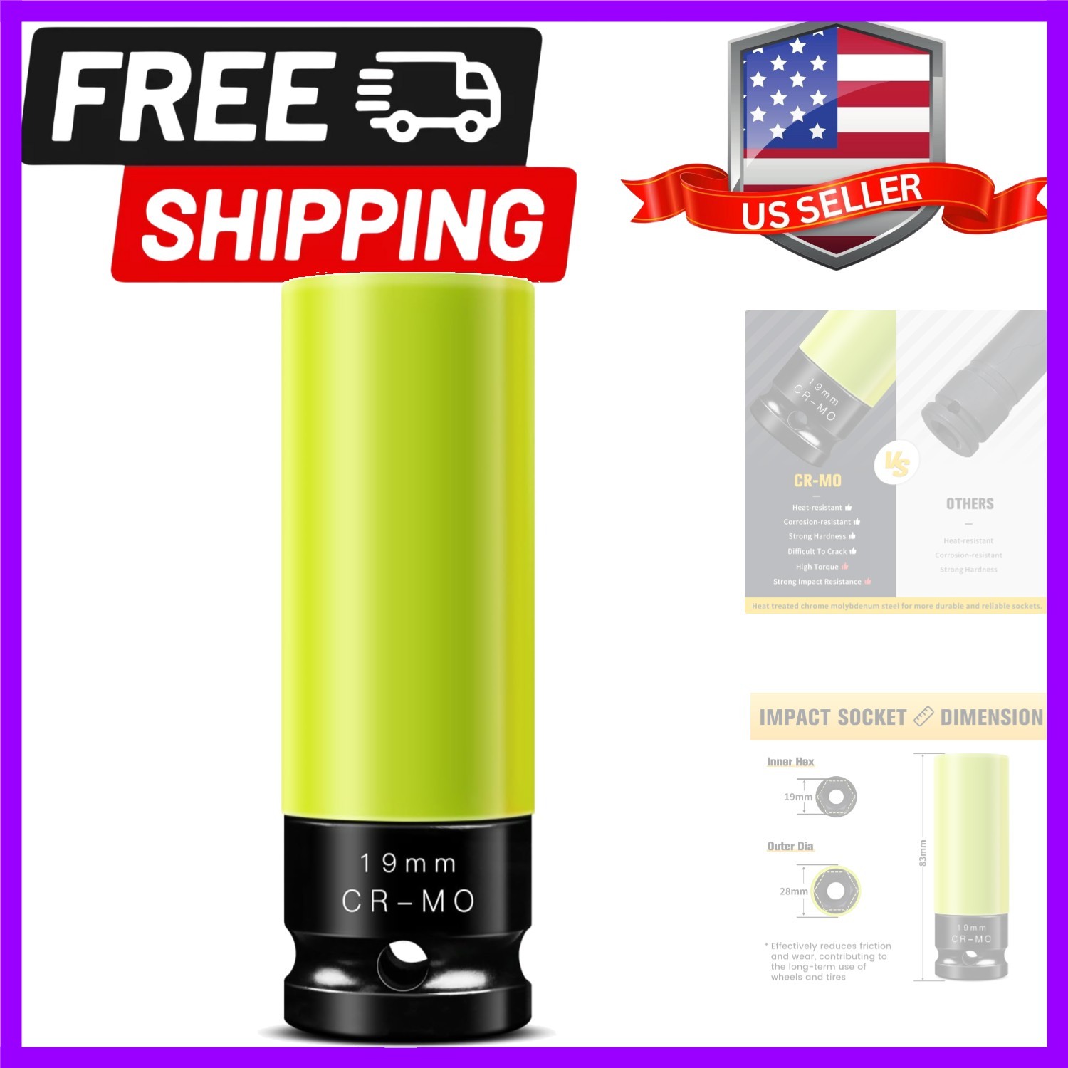 19mm 1/2″ Drive Wheel Protector Impact Socket, Non-Marring Lug Nut Thin Wall …