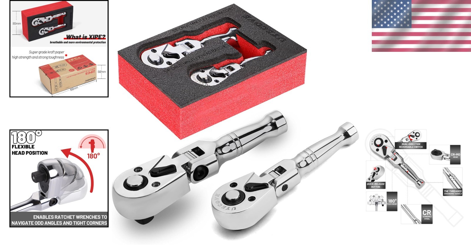 2-Piece 1/4″ & 3/8″ Drive Stubby Ratchet Set – Flexible Head Ergonomic Design