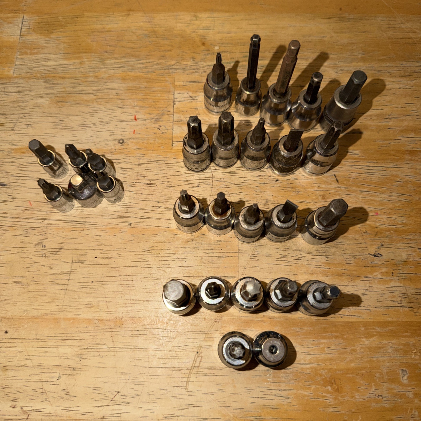 Lot Of 25+ Socket Bits: 1/4” & 3/8 Drive. Torx, Hex, Flat Head, Phillips, Square