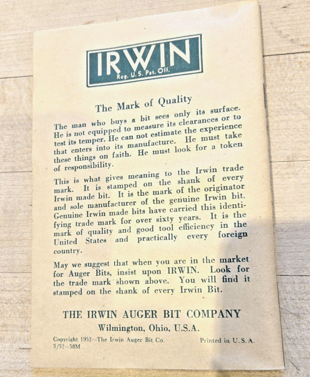 IRWIN Auger Bit Set in Oak Box with Original Booklet