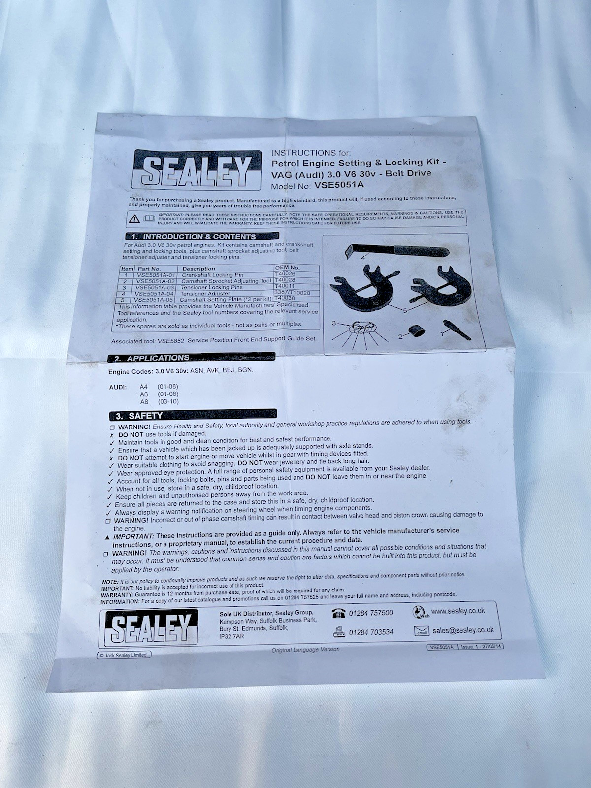 Sealey VSE5051A Petrol Engine Setting & Locking Kit VAG (AUDI) 3.0v Belt Drive